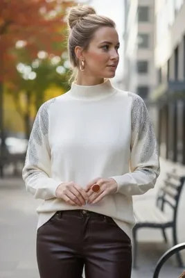 Chiccy Krem Balıkçı Yaka Uzun Kol İnce Taşlı Casual Triko Kazak 65 60