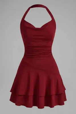 moddosa fashion Kadın Degaje Yaka Halter Boyundan Geçmeli Eteği Volanlı Elbise