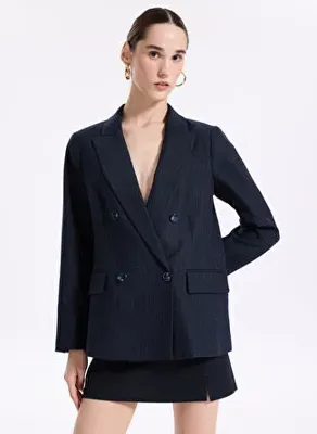 Fabrika Comfort Lacivert Kadın Kruvaze Kalıp Çizgili Blazer FC4WL-CKT0001