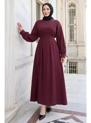 hafsamina Beli Lastikli Yandan Tokalı Pensli Modal Elbise Bordo HM2909