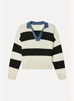 Mudo Kadın Ekru Çizgili Loose Fit Polo Yaka Kazak