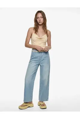 Koton Yüksek Bel Pamuklu Kemerli Kısa Geniş Paça Denim Pantolon - Wide Leg Jean
