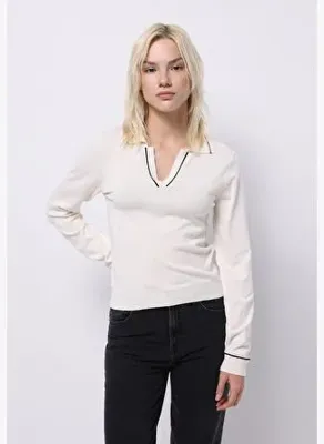 Colins Slim Fit Polo Yaka Düz Kadın Beyaz Kazak