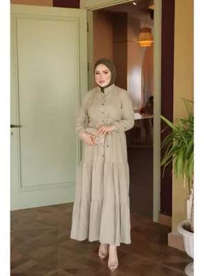 İmaj Butik Haki Kol Lastikli  Eteği Katlı Müslin Elbise