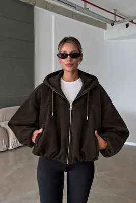 NET OF NOT Olivia ZR Model Kapüşonlu Oversize Bomber Kadın Acı Kahve Süet Deri Ceket