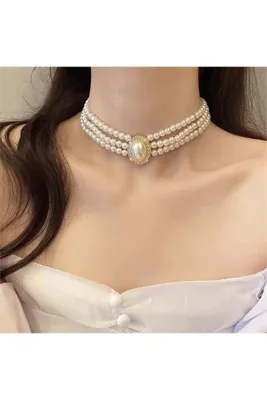 Pelin Aksesuar Vintage Tarzı Kristal Taşlı Oval Tasarım Üç Sıra İncili Choker
