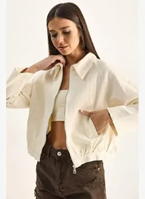 Shade Kadın Fermuarlı Cep Detaylı Mevsimlik Denim Bomber Ceket 60282056 - Krem