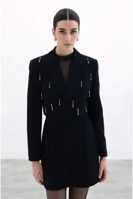 Selene Studıo Lumière Kadın Siyah Taş Detaylı Crop Blazer Ceket