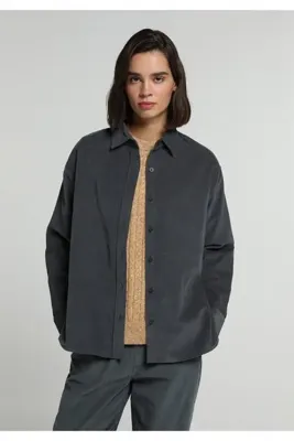 Colins Boyfriend Fit Shirt Neck Düz Kadın Yeşil Uzun Kol Gömlek