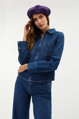 Mudo Kadın Lacivert Çift Cepli Fermuarlı Jean Ceket