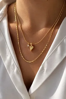 Trendy Butik Zirkon Taşlı Kalp ve Zincirli İkili Kolye