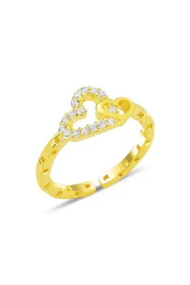 Söğütlü Silver Gümüş altın yaldızlı zirkon taşlı alttan ayarlanabilir birbirine bağlı kalpler yüzük SGTL12236GOLD