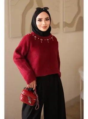 İmaj Butik Bordo Bisiklet Yaka Taşlı Angora Yumoş Triko Kazak