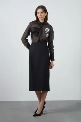 Gizia Midi Düz Form Siyah Etek