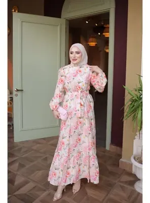 İmaj Butik Pembe Eteği Katlı Desenli Viskon Elbise