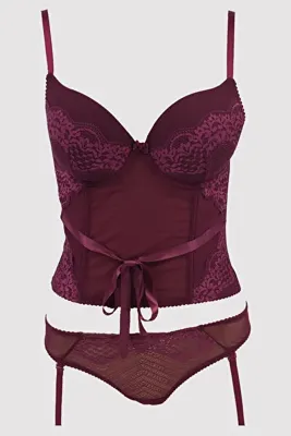 Pierre Cardin Kadın Vişne 4697 Rome Soft Push Up Dolgulu Dantelli Jartiyer Büstiyer Sütyen Takım(ÇORAP HEDİYELİ)