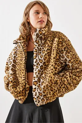 Bianco Lucci Kadın Camel Leopar Desenli Suni Kürk Mont 2426 60251795
