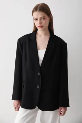 JASTE Kadın Siyah Düğme Detaylı Oversize Blazer Ceket