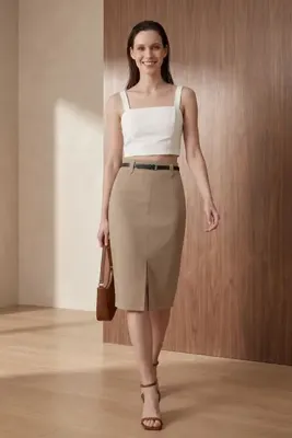 Hiccup MY FASHION Yırtmaçlı Yüksek Bel Midi Kalem Etek