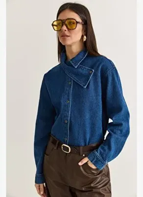 Shade Kadın Asimetrik Yaka Düğmeli Oversize Denim Gömlek 2706 60286618 - Koyu Mavi