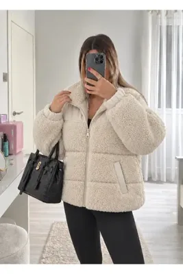 Ekim Store Kadın Peluş Detaylı Fermuarlı Şişme Mont