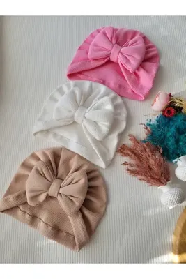 SeherBebeButik Kız Bebek & Çocuk Renkli Fiyonk Bone 3'lü Set
