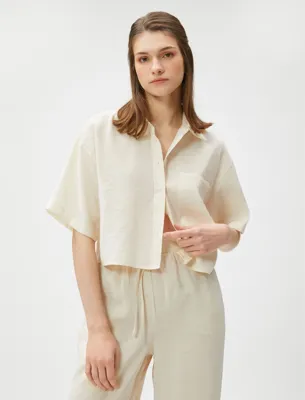 Koton Oversize Crop Gömlek Cepli Kısa Kollu Modal Karışımlı