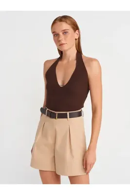 Dilvin 10799 Halter V Yaka Dokulu Triko Bluz