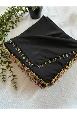 Handmade El işi çeyizlik hediyelik boncuklu eşarp siyah