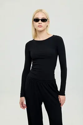 SHEISMONO Soft Rib Kayık Yaka Bluz Siyah