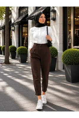 Puane Kadın ZRA Model Paçaları Düğme Detaylı Bilek Boy Yuksek Bel Pantolon