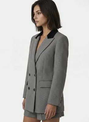 Fifty Wayz FW-1054 Gri Kadın Kırlangıç Yaka Desenli Desenli Bol Kesim Blazer