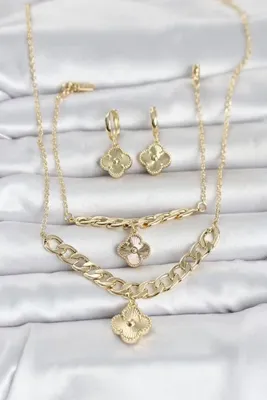 Genel Markalar Gold Renk Pirinç Kolye Bileklik ve Küpe Seti 5886