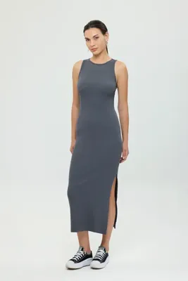 SHEISMONO Soft Rib Yırtmaç Detaylı Kolsuz Elbise Füme