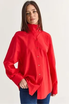Bianco Lucci Kadın Kırmızı Dik Yaka Düğmeli Oversize Poplin Gömlek 5544 60286756