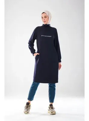 Plistre 2290_Kadın Tesettür Spor Tunik Elbise - Reflektör Baskılı, Dik Yakalı Fermuarlı, Cepli, Yumuşak Doku