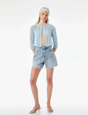 Koton Yuvarlak Yaka Yarı Transparan Yarım Kol Crop Dantel Crop Bluz