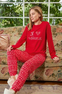 Aydoğan Lodos Store Aydoğan Kadın Uzun Kollu Termal Pijama Takımı I Love Winter Desenli