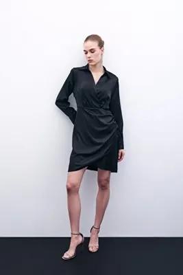 Sateen Kruvaze Saten Elbise - Siyah