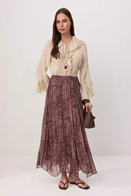 Trendyol Modest Kahverengi Şifon Piliseli Astarlı Etnik Desenli Maxi Etek TCTSS26EE00007