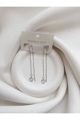 Minne Jewelry-Accessory Zincir Sallantılı Küpe - Boncuklu Detaylı Sallantılı Küpe - Çelik Sallantılı Küpe