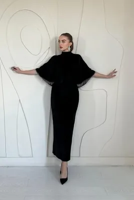 Elbee Fashion Woman Siyah Şal Yaka Kadife Elbise