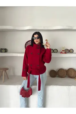 Ekim Store Dik Yaka Kuşaklı Düğmeli Kaşe Ceket