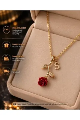 PURE BERRY Kişiye Özel Harfli Kırmızı Gül Kolye – Gold Renk Zarif Gül Tasarım Kadın Kolyesi, Sevgiliye Arkadaşa Anneye Özel Hediye