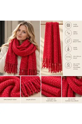 Didoria Accessory Kadın Simli Buklet Püsküllü Kalın Kışlık Atkı Şal 44x224 cm - Kırmızı