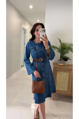 BİRCANÇİL Kennzy Mavi Kol Detaylı Düğmeli Denim Elbise