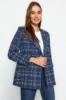 TRENDYOLMİLLA Lacivert Tüvit Regular Dokuma Ekose Blazer Ceket TWOAW21CE0105