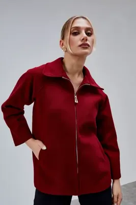 Bolivente Bordo Oversize Fermuarlı Kaşe Ceket