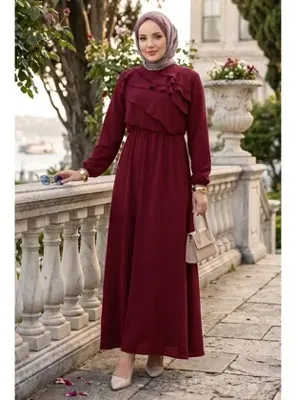 hafsamina Önü Kat Detaylı Ayrobin Elbise Bordo HM2951