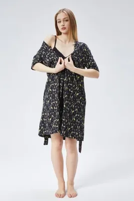 M MOONCOVER Moon Cover Kadın Yazlık 3’lü Sabahlıklı Pijama Takımı %100 Pamuk – Siyah Baskılı